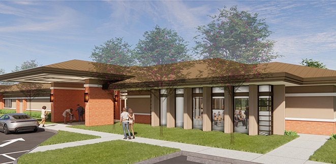 Drawing of front of planned building