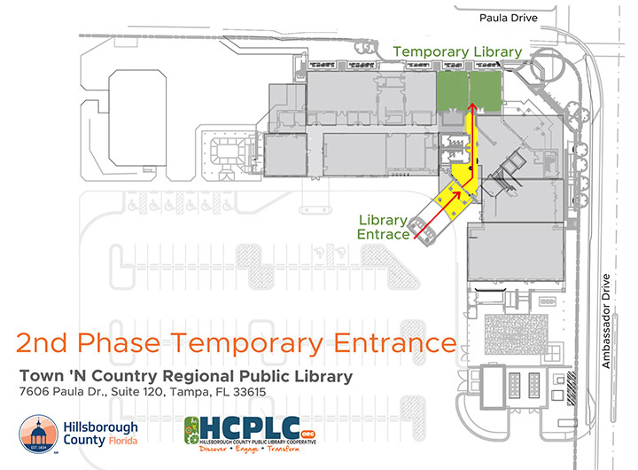 Second Phase Temporary Entrance: Map showing entrance through main Library entrance to temporary library space