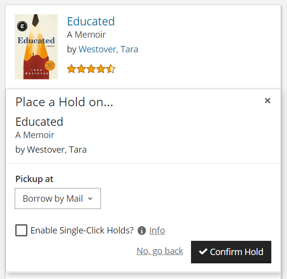 Screeshot of book being placed on hold in catalog